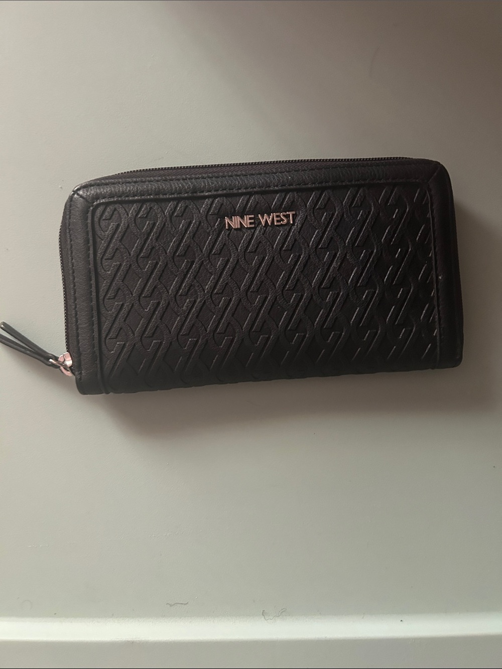 Nine West Black Embossed Zip Wallet with Gold Logo